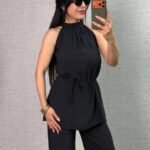 Kadın Halter Yaka Beli Kuşak Detaylı Ikili Takım