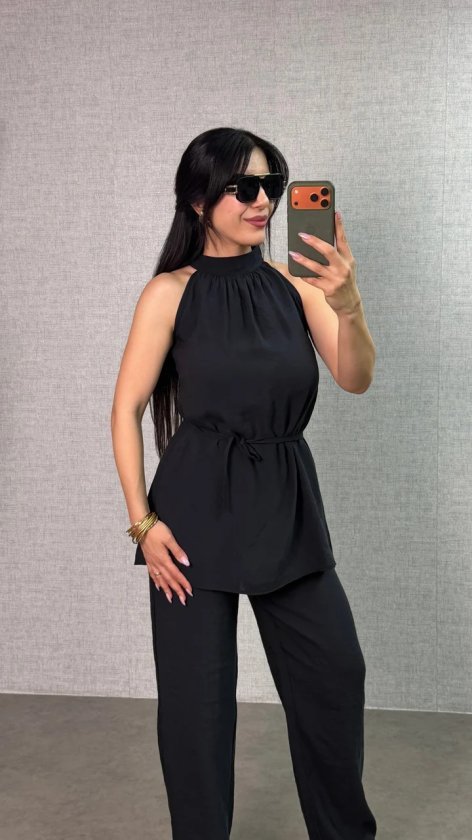 c876b1cf206096d62b7ce4173c7fbabc.jpg Kadın Halter Yaka Beli Kuşak Detaylı Ikili Takım - Görsel 1