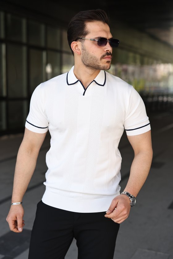 d0adbc069877d6b690fe856e94eb5d74.jpg Erkek Dokulu Desen Yakalı Kısa Kollu Tişört - Görsel 1