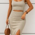 Kadın Kolsuz Askılı Crop Yırtmaçlı Midi Etek Fitilli Kaşkorse Takım