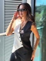 Kadın Sıfır Kol V Yakalı Düğmeli Blok Renkli Atlas Yelek - Görsel 4
