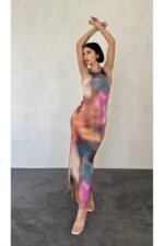 Bej Batik Desenli Elbise