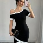 Kadın Kısa Kollu Asimetrik Kesim Yaka şerit Ve Aksesuar Detaylı Modal Elbise