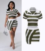 Kadın Kısa Kollu Polo Yaka Crop Asimetrik Mini Triko Etek Ikili Takım - Görsel 9