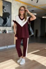 Kadın Kısa Kollu V Yakalı çift Renkli Viskon Iki Iplik Ikili Bluz Ve Pantolon Takım - Görsel 4