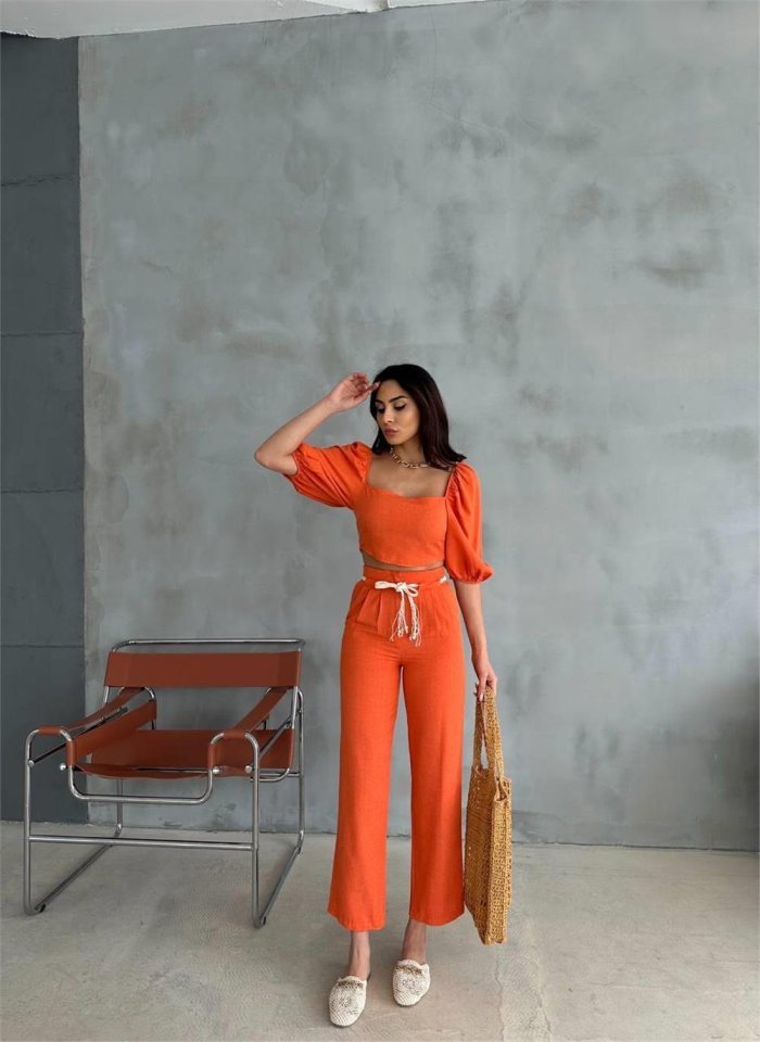 df2838847a59a7adbfb3.jpg KETEN CROP KARPUZ KOL BLUZ-PANTOLON HASIR KEMERLİ - Orange - Görsel 1
