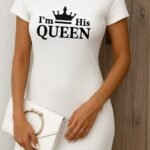 Kadın Kısa Kollu Queen Baskı Iki Iplik Mini Elbise