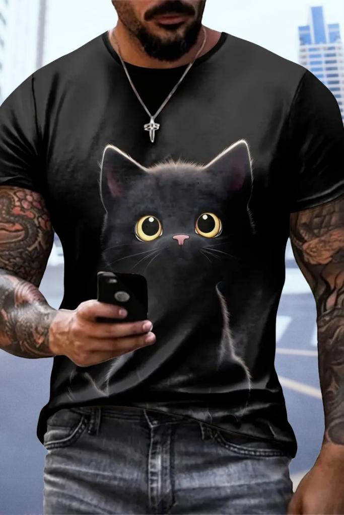 e11c08f5086c71ea5d94.jpeg Erkek Bisiklet Yaka Kedi Baskılı Süprem T-shirt - Görsel 1