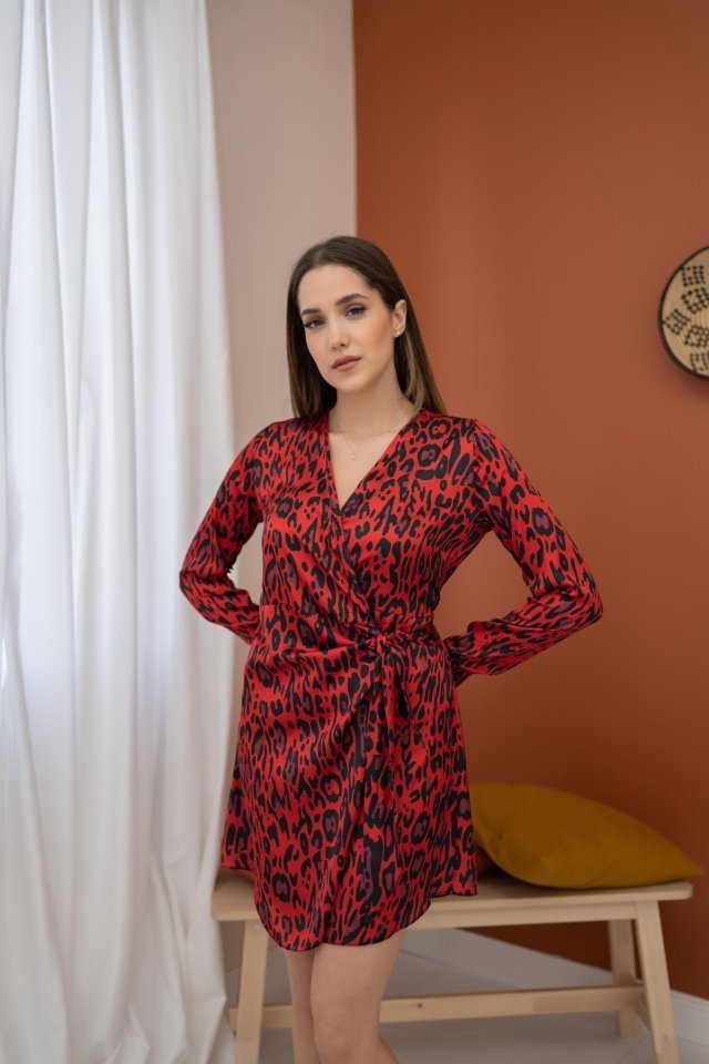 e20a3a449aaf6f10f212.jpg Kırmızı Leopar Desenli Saten Elbise - Görsel 1