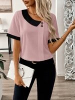 Kadın Kısa Kollu Asımetrik Yaka Detaylı Düğmeli Dubai Bluz - Görsel 3