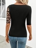 Kadın Kısa Kollu Asimetrik Kesim V Detaylı Leopar Desenli Viskon Bluz - Görsel 4