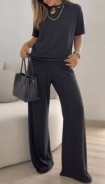 Kadın Kısa Kollu Bisiklet Yaka Viskon Iki Iplik Bluz Ve Pantolon Ikili Takım - Görsel 2