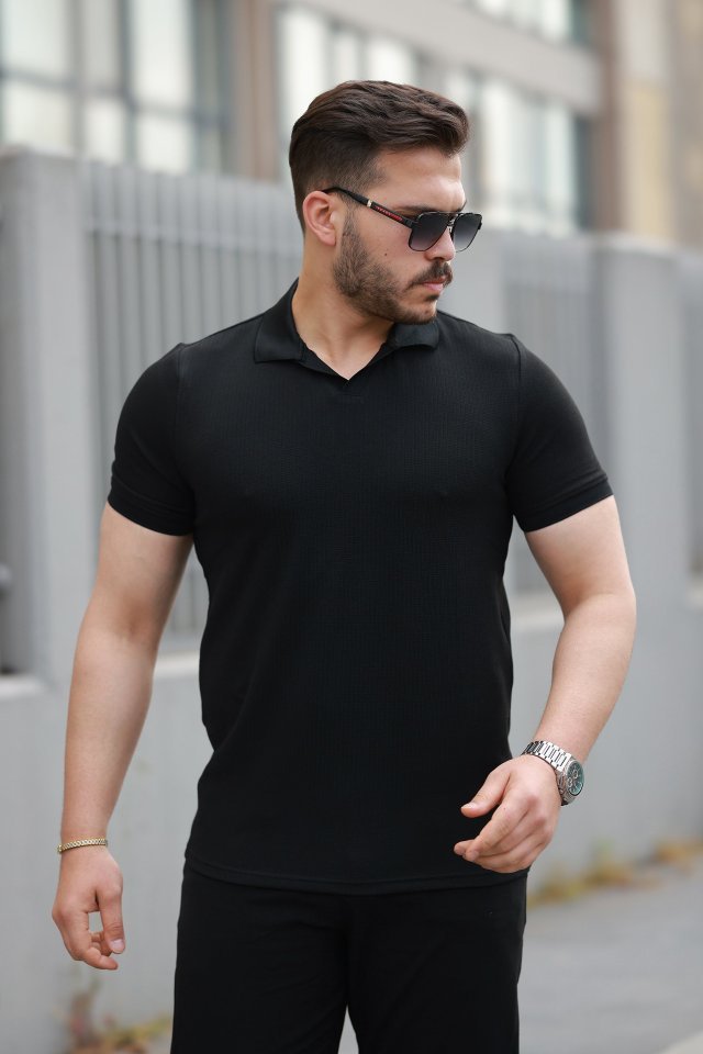 f2a28bd28fbb0a250add6bab0ee687c6.jpg Erkek Yakalı Waffle Dokulu Kısa Kollu Tişört - Görsel 1