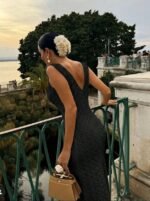 Kadın Askılı V Yakalı Uzun Triko Elbise - Görsel 2