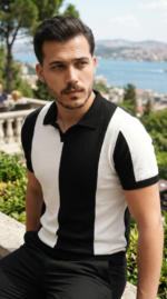 Erkek Kısa Kollu Polo Yakalı Blok Desenli Triko Bluz - Görsel 5