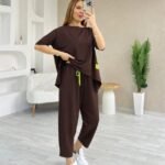 Kadın Kısa Kollu Bisiklet Yaka Viskon Iki Iplik Bluz Ve Pantolon Ikili Takım