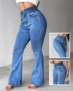 Kadın Yüksek Bel Yanları Lastik önü Düğmeli Kot Pantolon - Görsel 6