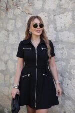 Kadın Kısa Kollı Yakalı önden Fermuarlı Ve Cepli Kısa Modal Elbise