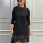 Kadın Uzun Kollu Bisiklet Yaka Etek Ucu Deri Dantelli Viskon Iki Iplik Midi Elbise