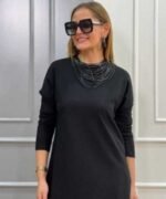 Kadın Uzun Kollu Bisiklet Yaka Etek Ucu Deri Dantelli Viskon Iki Iplik Midi Elbise - Görsel 2