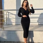 Kadın Uzun Kollu Kruvaze Yaka Büzgü Ve Balon Kol Detay Krep Kumaş Maxi Boy Elbise
