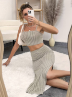 Kadın Kolsuz Askılı Crop Yırtmaçlı Midi Etek Fitilli Kaşkorse Takım - Görsel 4