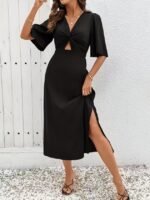 Kadın Kısa Kollu önden Sarmal Detaylı Yandan Yırtmaçlı Midi Sandy Elbise