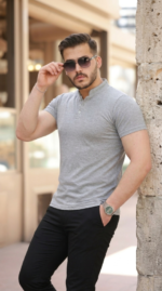 Erkek Hakim Yaka Dokuma Pamuklu Kumaş Kısa Kollu T-shirt - Görsel 3