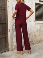 Kadın Kısa Kollu Kayık Yaka önü Asimetrik Detaylı Kısa Sandy Bluz Ve Pantolon Ikili Takım - Görsel 2