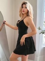Kadın Ip Askılı Kruvaze Yakalı Fırfırlı Kısa Sandy Elbise - Görsel 4