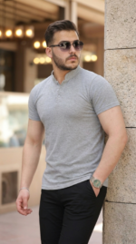 Erkek Hakim Yaka Dokuma Pamuklu Kumaş Kısa Kollu T-shirt - Görsel 2