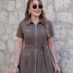 Kadın Kısa Kollı Yakalı önden Fermuarlı Ve Cepli Kısa Modal Elbise