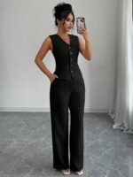 Kadın Askılı önden Düğmeli Bluz Ve Pantolon Keten Ikili Takım - Görsel 5
