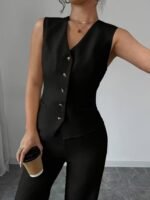Kadın Askılı önden Düğmeli Bluz Ve Pantolon Keten Ikili Takım - Görsel 2