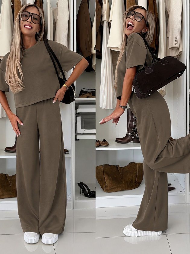 6107a1210f2b15a37a9a.jpeg Kadın Kısa Kollu Bisiklet Yakalı Modal Bluz Ve Pantolon Ikili Takım - Görsel 1
