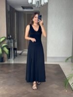 Kadın Askılı V Yakalı Yırtmaçlı Viskon Elbise - Görsel 7