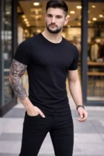 Erkek T-Shirt Bisiklet Yaka Slim Fit Dar Kesim Likralı Tişört Günlük Basic Body - Siyah - Görsel 2