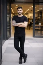 Erkek T-Shirt Bisiklet Yaka Slim Fit Dar Kesim Likralı Tişört Günlük Basic Body - Siyah - Görsel 3