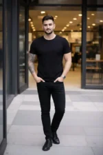Erkek T-Shirt Bisiklet Yaka Slim Fit Dar Kesim Likralı Tişört Günlük Basic Body - Siyah - Görsel 4