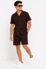 Erkek 2li Krep Kumaş Cepli Gömlek Şort Takım Kısa Kollu Bağcıklı - Kahverengi - Lacivert - Görsel 2