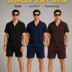 Erkek 3’lü Krep Kumaş Cepli Gömlek Şort Takım Kısa Kollu Bağcıklı - Siyah , Lacivert , Kahverengi