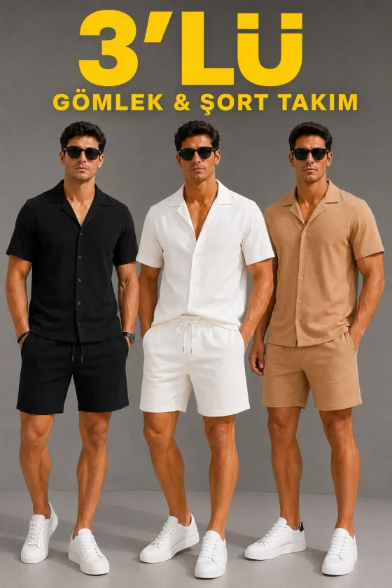 TY6a574f17ac74c6a574f17ac74d.webp Erkek 3’lü Krep Kumaş Cepli Gömlek Şort Takım Kısa Kollu Bağcıklı - Siyah , Beyaz , Bej - Görsel 1