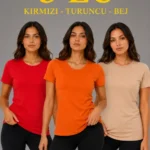 3’lü Kısa Kollu Bisiklet Yaka Basic Slim Fit T-Shirt - Kırmızı - Turuncu - Bej