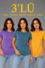 3’lü Kısa Kollu Bisiklet Yaka Basic Slim Fit T-Shirt - Mor - Petrol Mavisi - Hardal