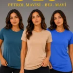 3’lü Kısa Kollu Bisiklet Yaka Basic Slim Fit T-Shirt -Petrol Mavisi - Bej - Mavi