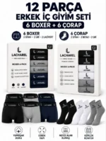 Erkek 12li İç Giyim Seti Pamuklu 6 Boxer 6 Çorap Çoklu Paket - Siyah - Lacivert - Gri - Beyaz
