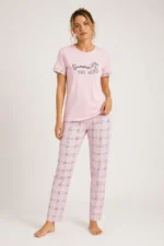 Pamuklu Penye Summer Baskılı Kısa Kollu Pijama Takımı Ekose Desenli - Pembe - Görsel 3