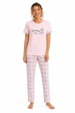 Pamuklu Penye Summer Baskılı Kısa Kollu Pijama Takımı Ekose Desenli - Pembe - Görsel 4