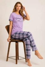 Pamuklu Penye Summer Baskılı Kısa Kollu Pijama Takımı Bisiklet Yaka Ekose Desenli - Lila - Görsel 4