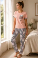 Pamuklu Penye Kedi Baskılı Kısa Kollu Bisiklet Yaka Çizgili Pijama Takımı - Pudra - Görsel 2